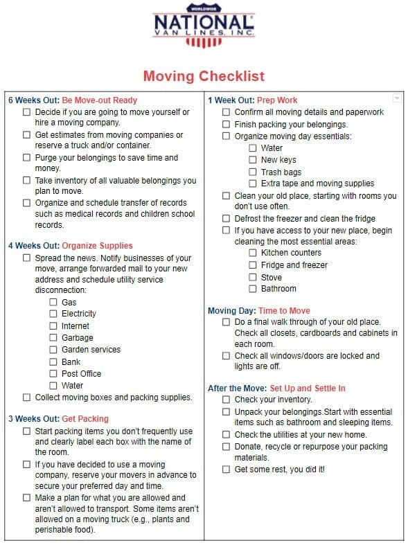 Local Moving Checklist