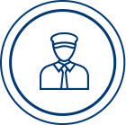A blue circular icon featuring an outline of a person in a peaked cap and uniform, likely representing an agent or security professional. The design is framed by two concentric circle borders.
