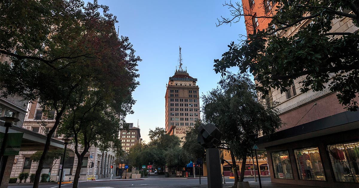 Fresno downtown in Central California. Casino, hotel, and bank buildings are in the background.