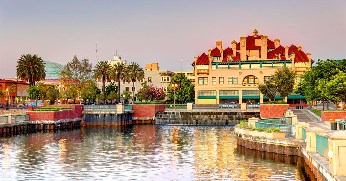 A photo of the Stockton, CA waterfront. Stockton is the county seat of San Joaquin County. 