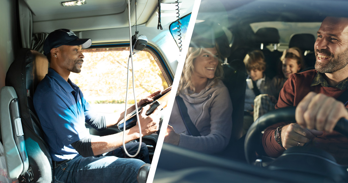 Left: A National Van Lines driver operates his truck. Right: A family of four, smiling, driving to their new home during their long distance move. 
