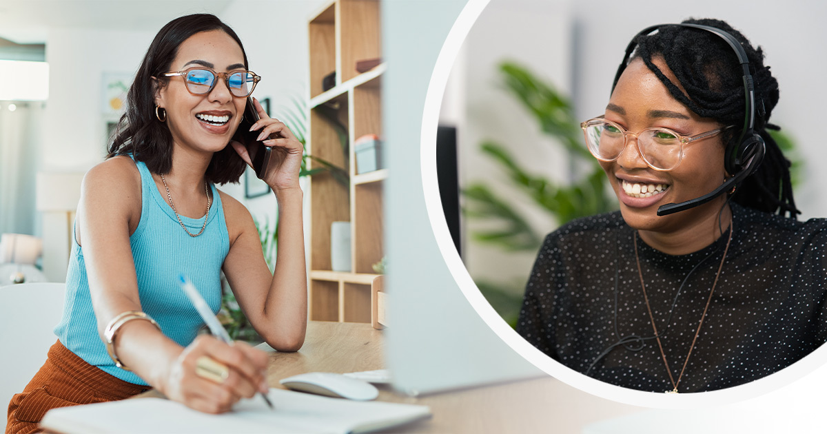 A woman talks with a call center representative about booking a long distance move over the phone. 