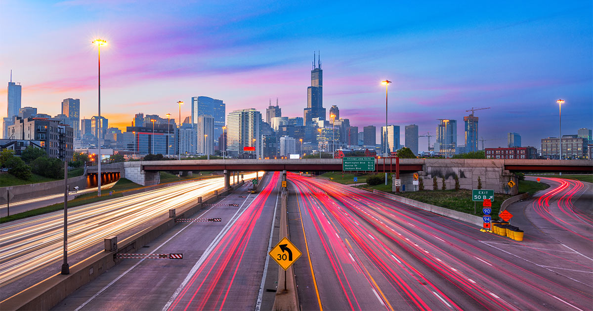 A view of the Chicago skyline from the local expressway.