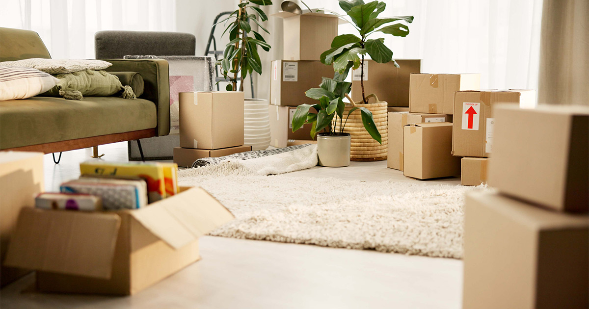 A living room filled with packing supplies and moving boxes.