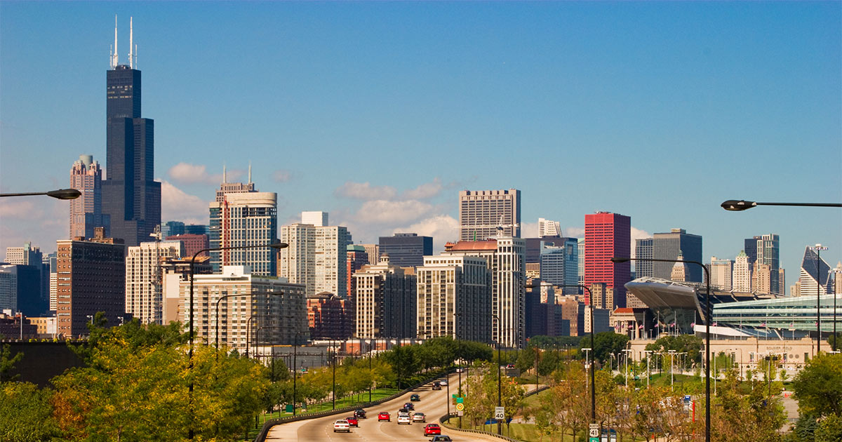 A view of the Chicago skyline during a long distance move.