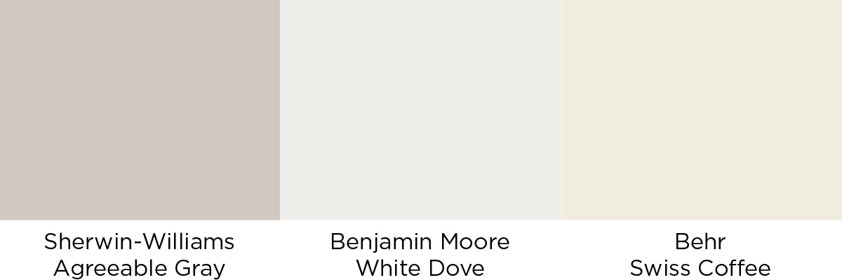 A swatch showing Sherwin-Williams Agreeable Gray, Benjamin Moore White Dove, and Behr Swiss Coffee.