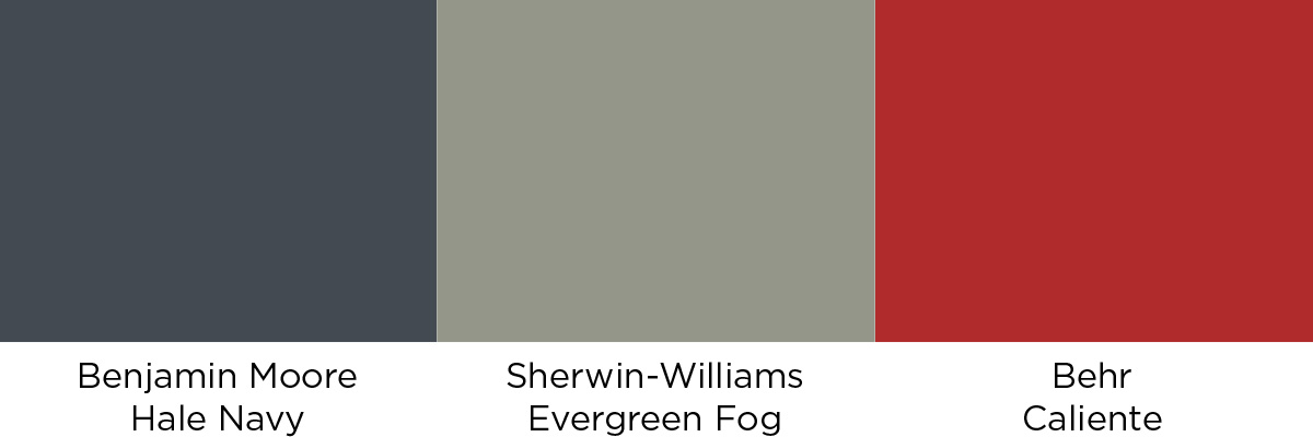 A swatch showing Benjamin Moore Hale Navy, Sherwin-Williams Evergreen Fog, and Behr Caliente.